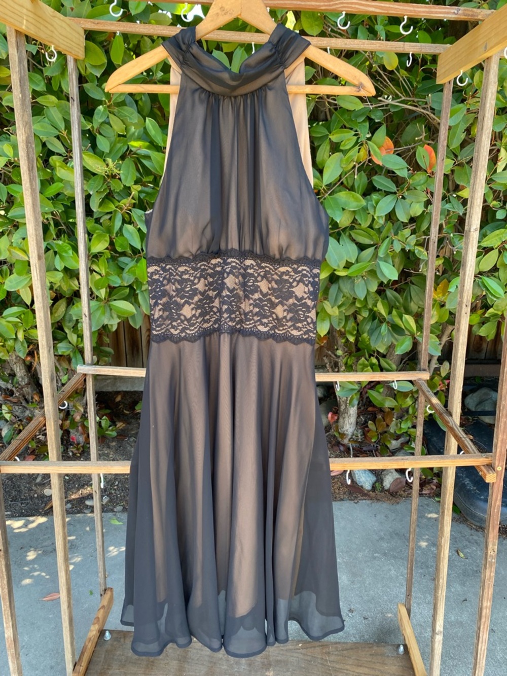 Black Lace-Waist Midi Dress with Halter Neck